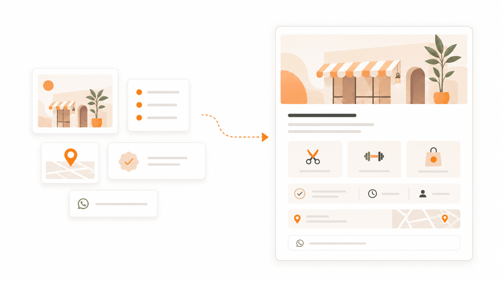 An example Taavo business page with an introduction, services, trust details, location, and WhatsApp contact.