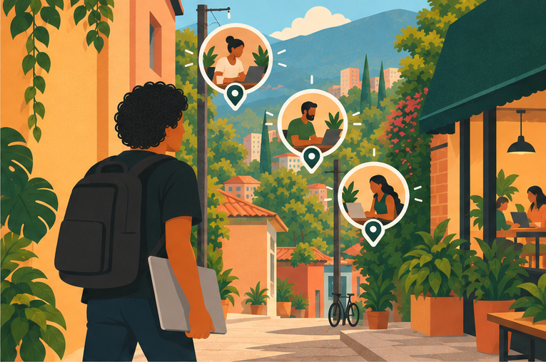 Illustration of people working together in Medellín with Taavo — From nearby people to a better workday.